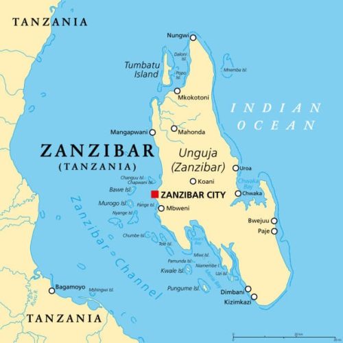 Zanzibar Island, Unguja, Tanzania, political map. Largest, most populated island of the Zanzibar Archipelago, in the Indian Ocean, separated from the African mainland by the Zanzibar Channel. Vector.